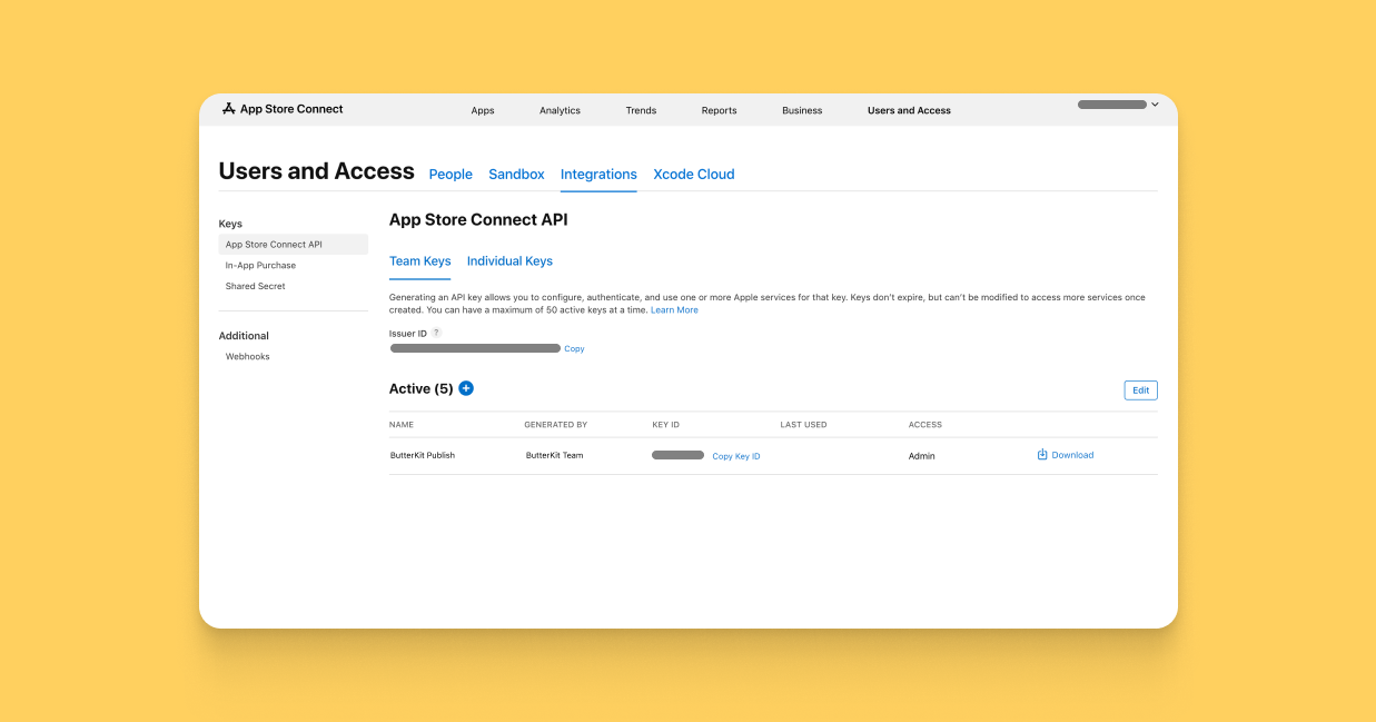 UI showing the App Store Connect API key settings