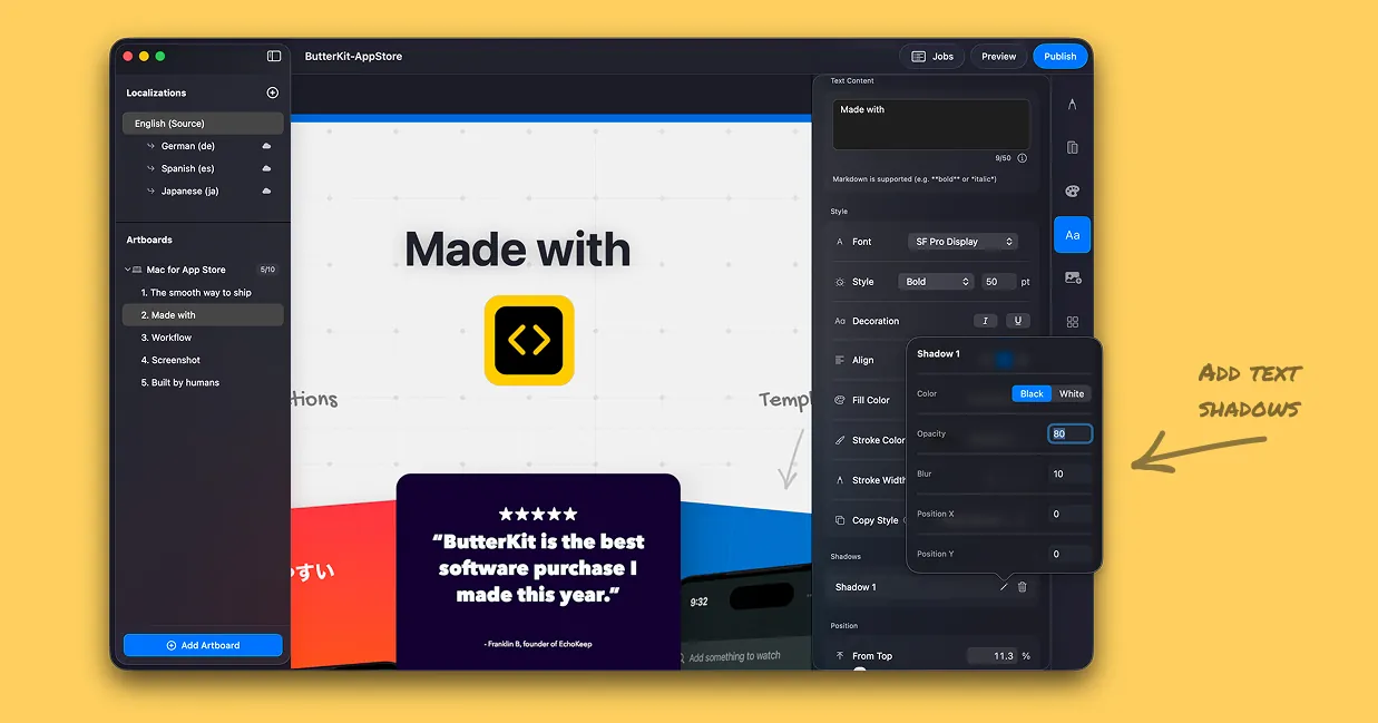 Text shadows, text strokes, UX improvements