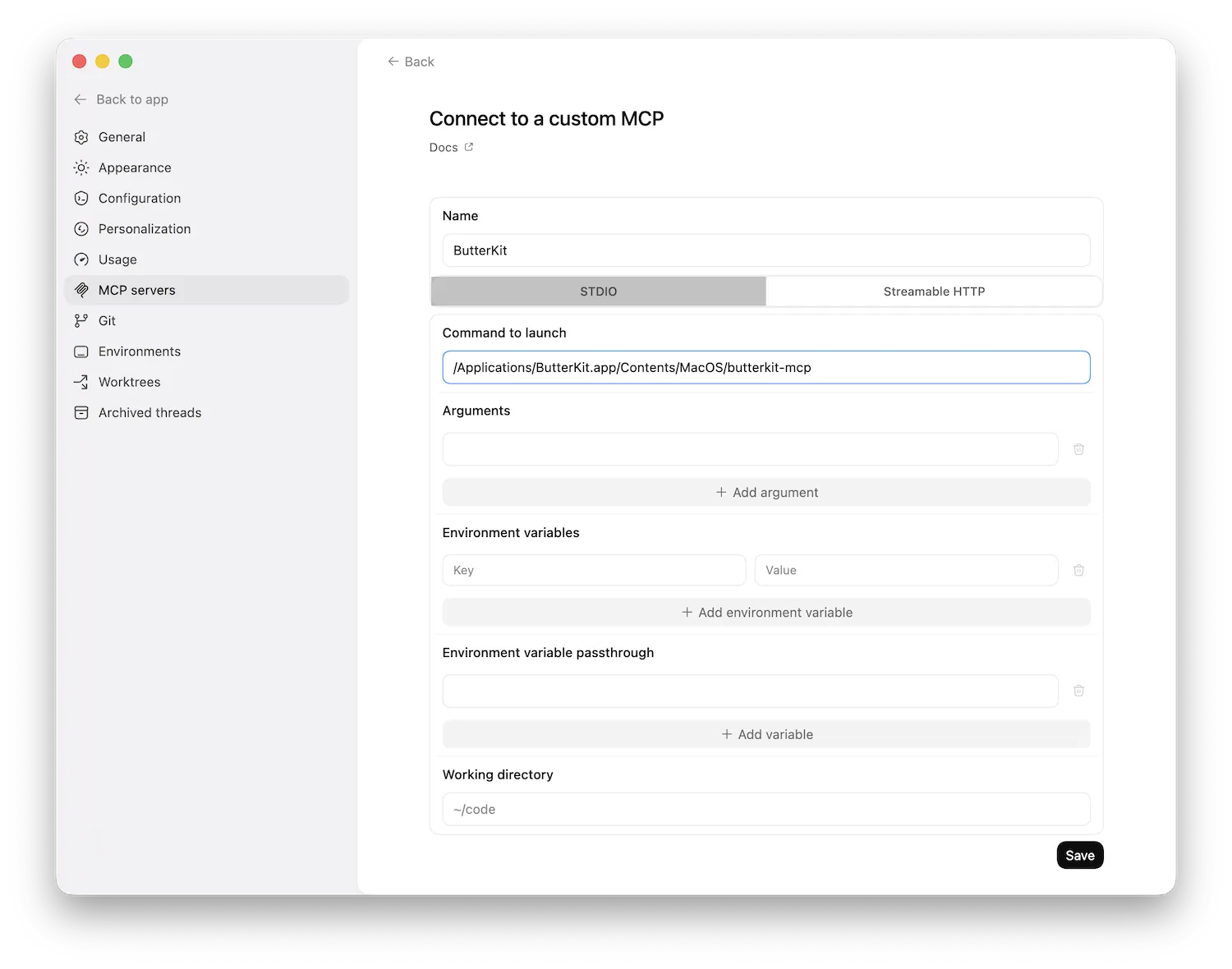 UI showing OpenAI Codex application with ButterKit MCP added