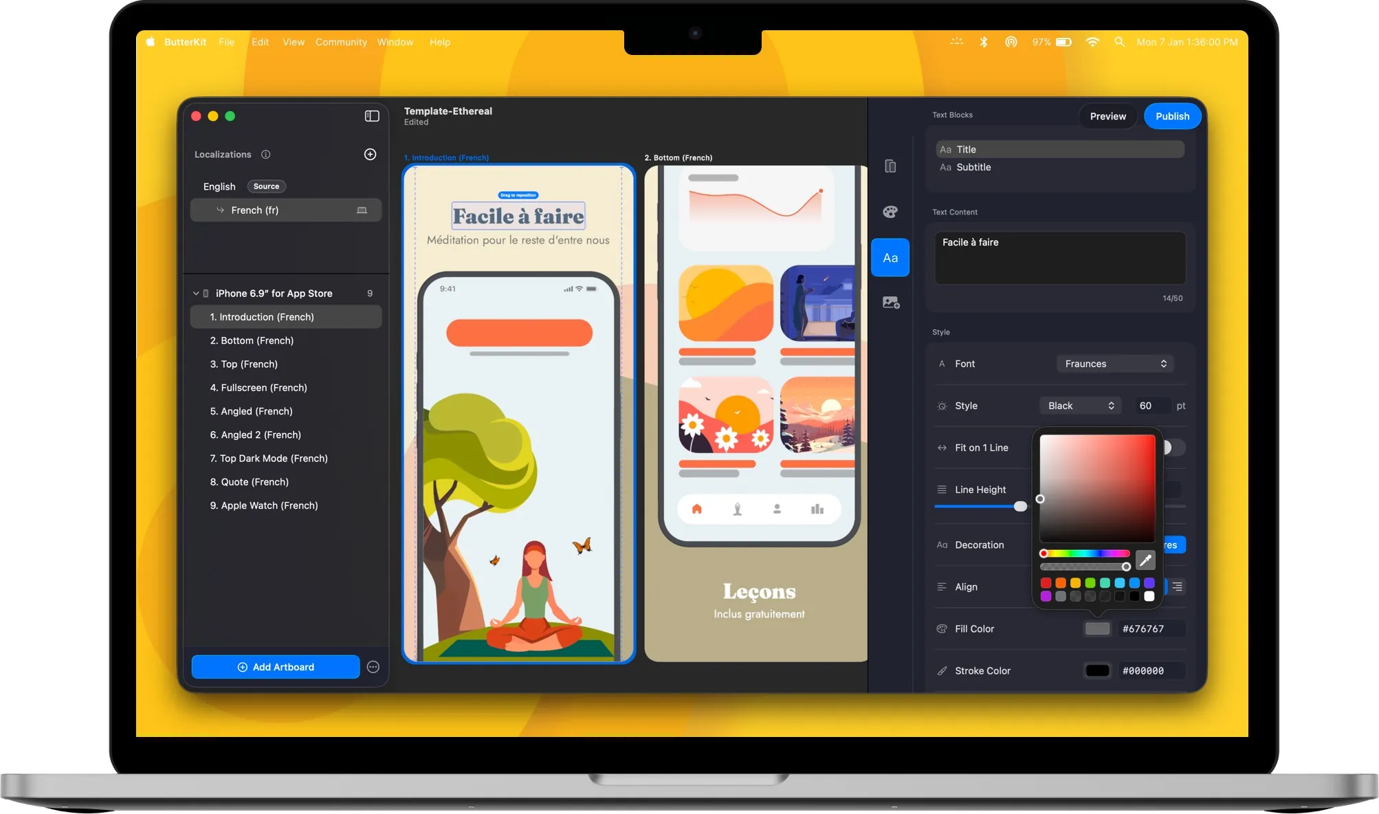 ButterKit app showing App Store screenshot localization workflow