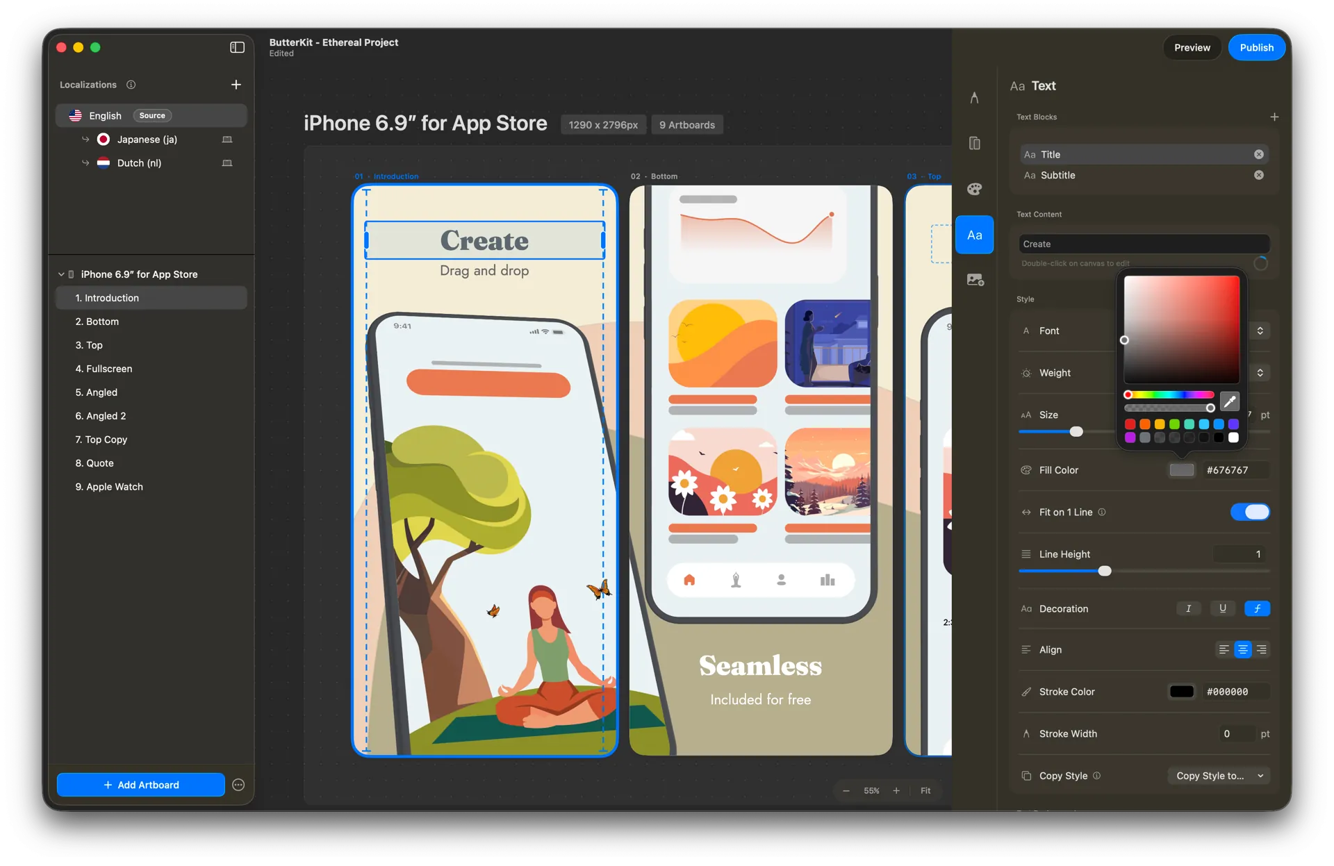 ButterKit app showing App Store screenshot localization workflow