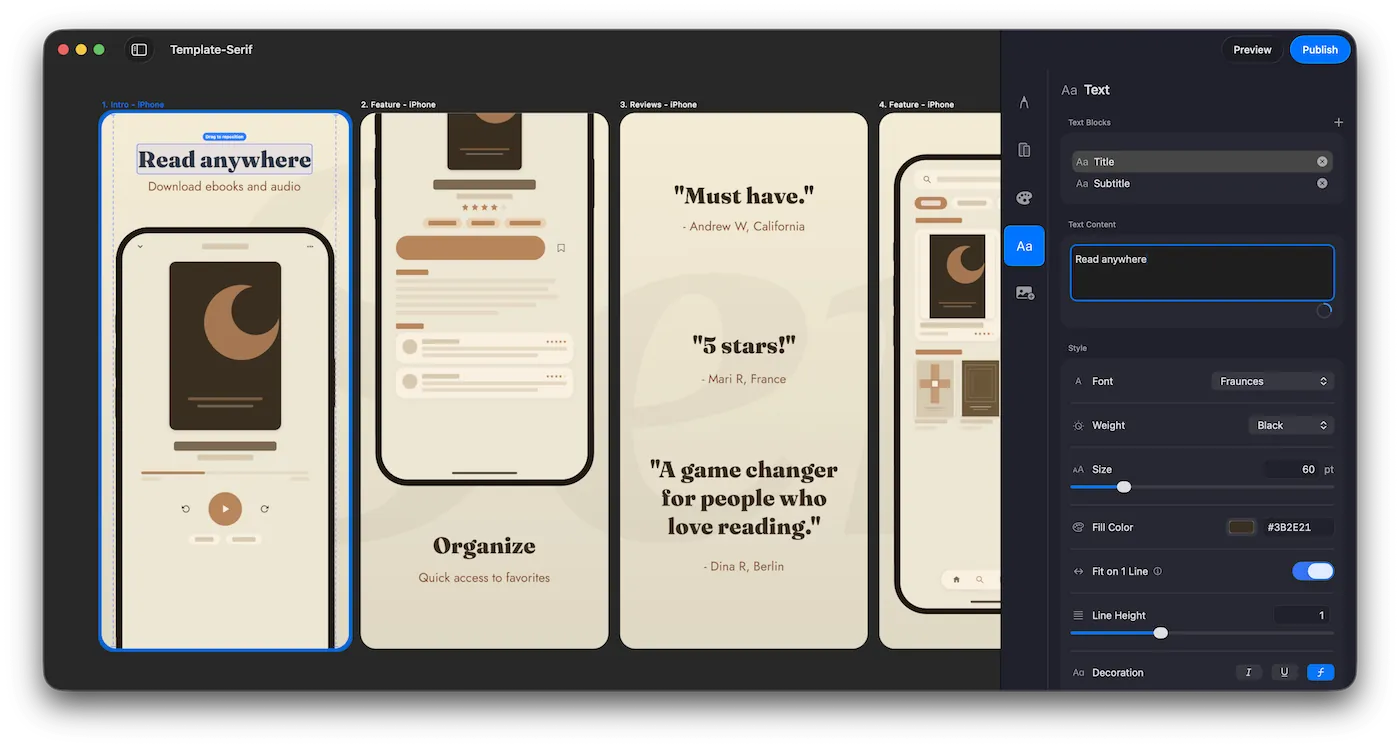 An image showing editing the Serif template in the ButterKit UI